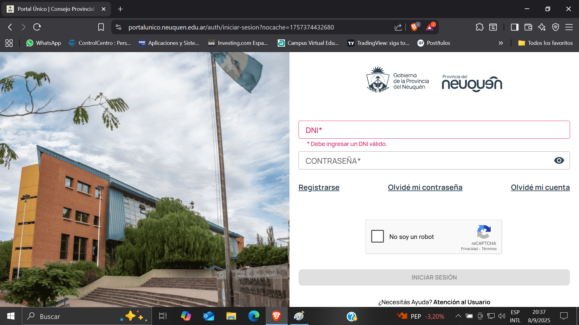 Captura de pantalla: Formulario de inicio de sesión en el Portal Único Docente