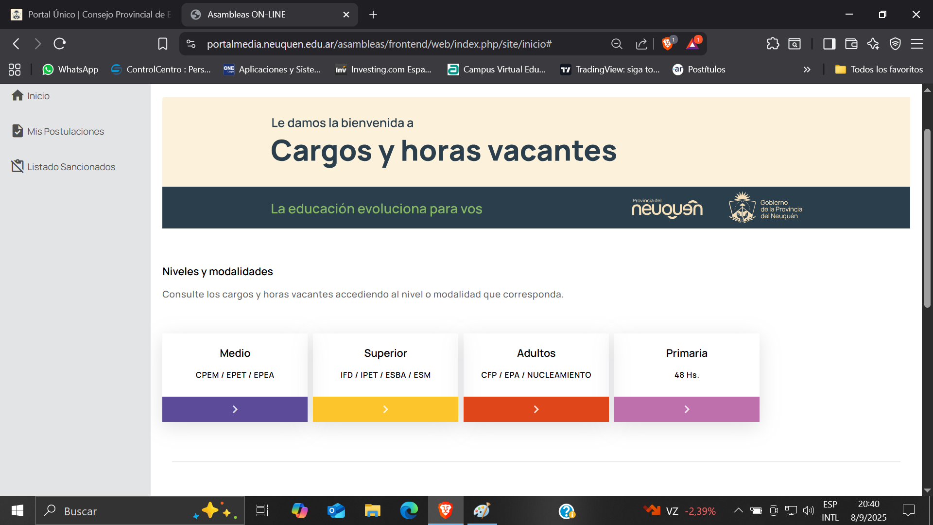 Captura de pantalla: Submenú de selección para Nivel Superior