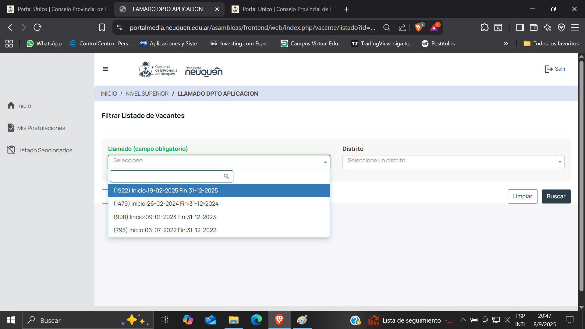 Captura de pantalla: Campo obligatorio Llamado rellenado con el ciclo lectivo