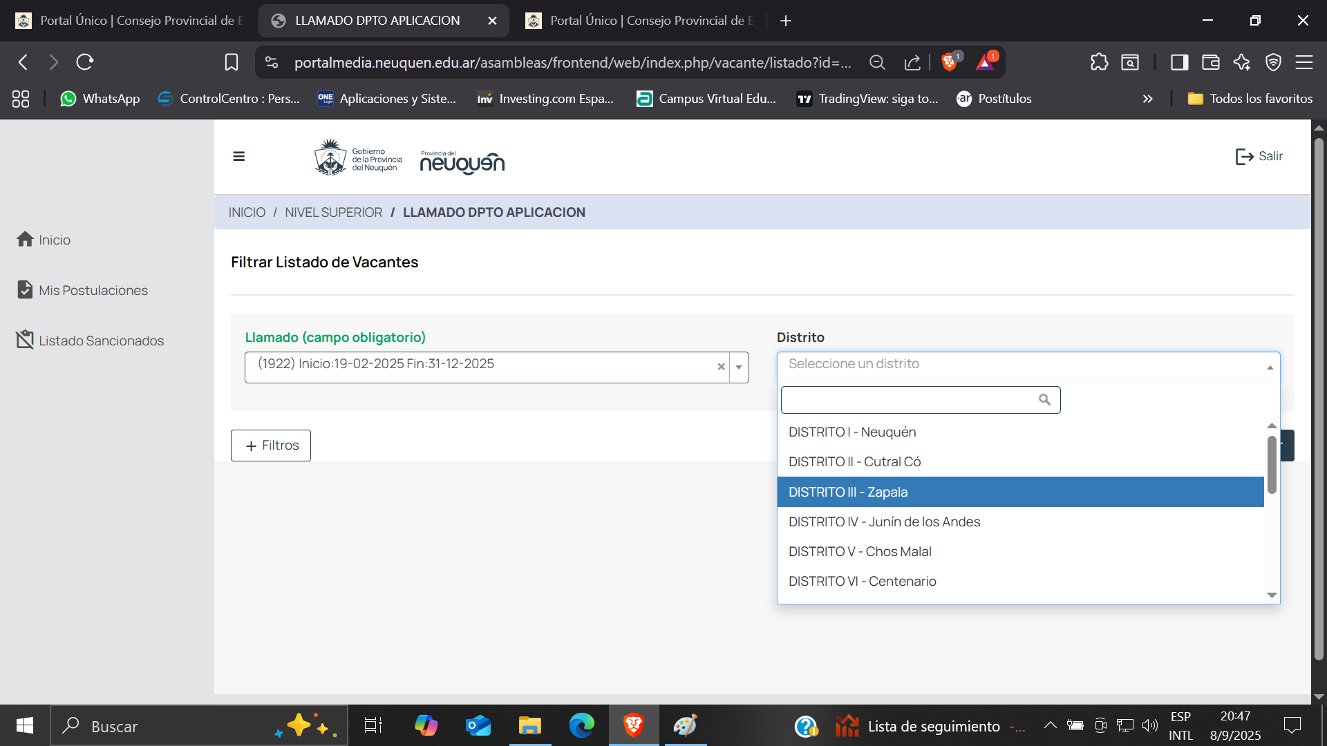 Captura de pantalla: Selector de distrito configurado en Distrito III - Zapala