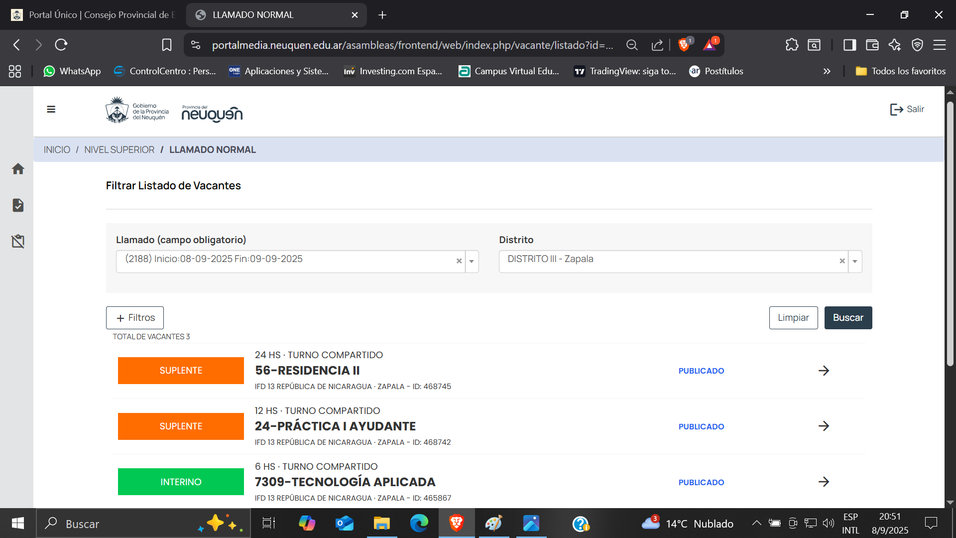 Captura de pantalla: Resultados de búsqueda con las horas vacantes de la institución